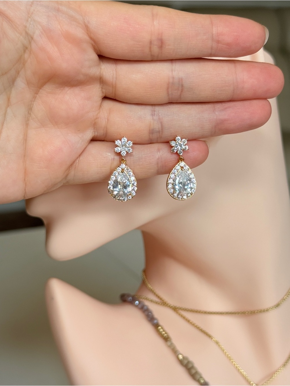 Gold Teardrop Cubic Zirconia Drop Earrings - Elegant  Sparkle